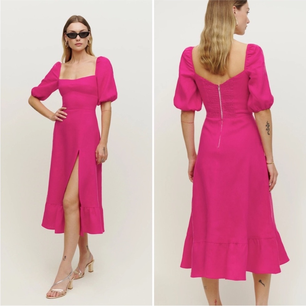 NWT Reformation Belgium Midi Linen Hot Pink Dress puff sleeves side slit SZ 0